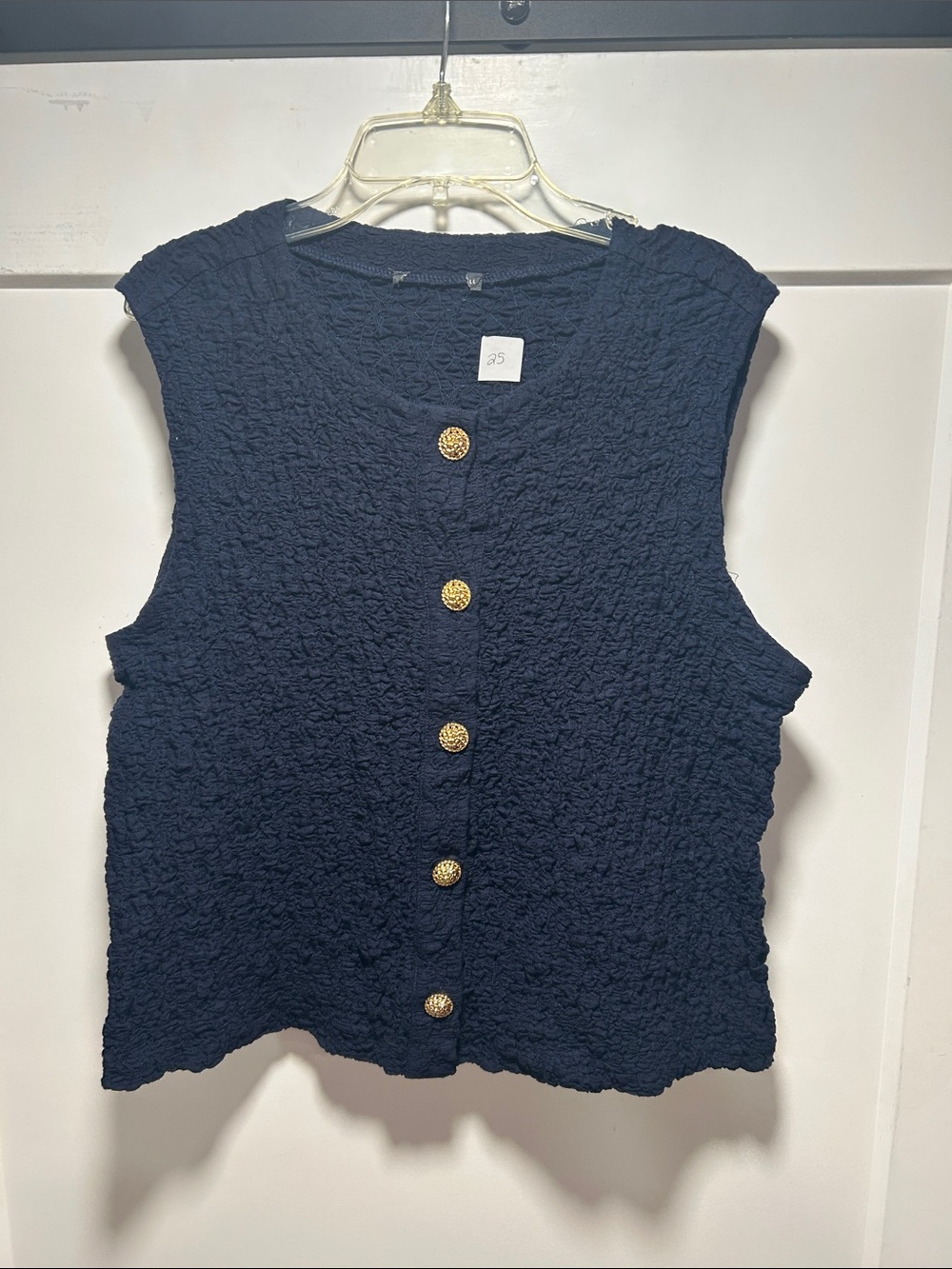 Textured Navy Sleeveless Button-Front Tank with Gold Buttons